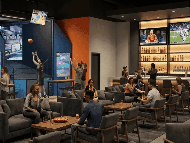 Rendering of BigHoops court and bar area in a dedicated facility